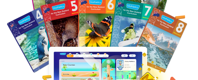 Mathletics Programme New Zealand Years 0-8 student workbooks and online learning platform on desktop