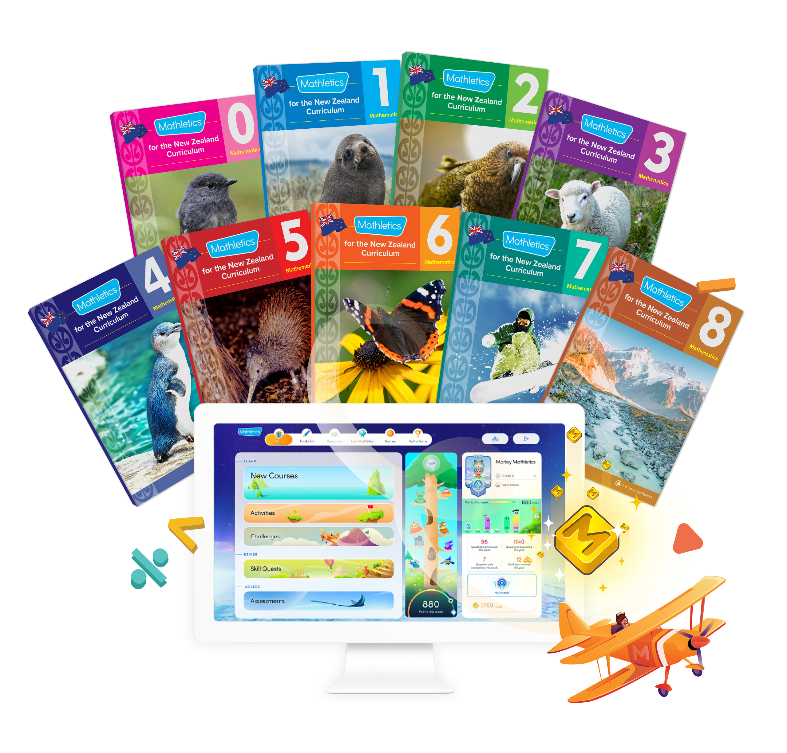 Mathletics Programme New Zealand Years 0-8 student workbooks and online learning platform on desktop