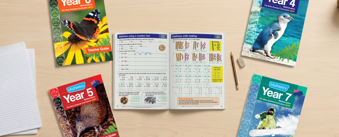 Mathletics New Zealand Curriculum workbooks for Years 4–7 on a desk, with an open spread showing addition using base-ten blocks.