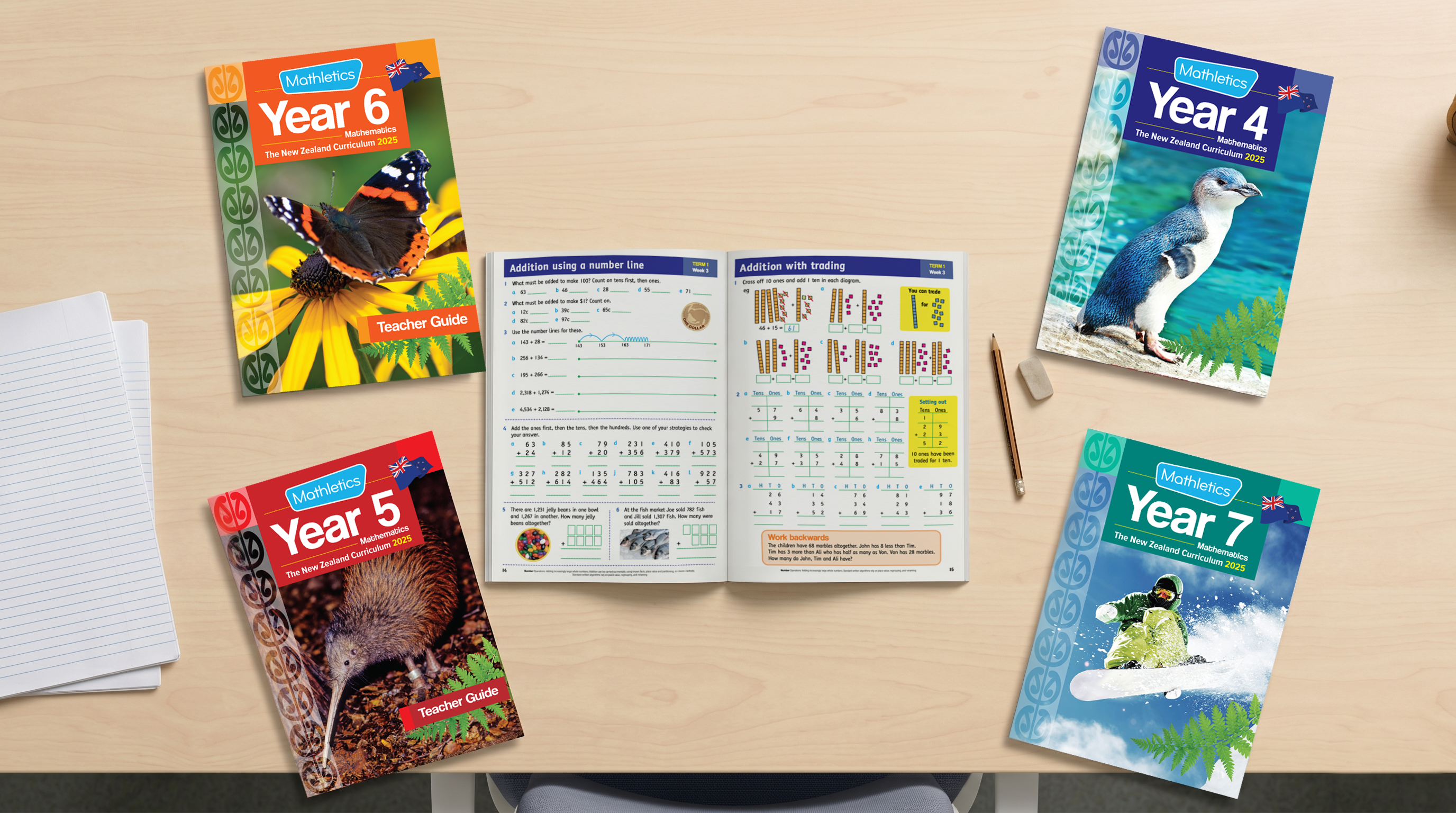 Mathletics New Zealand Curriculum workbooks for Years 4–7 on a desk, with an open spread showing addition using base-ten blocks.