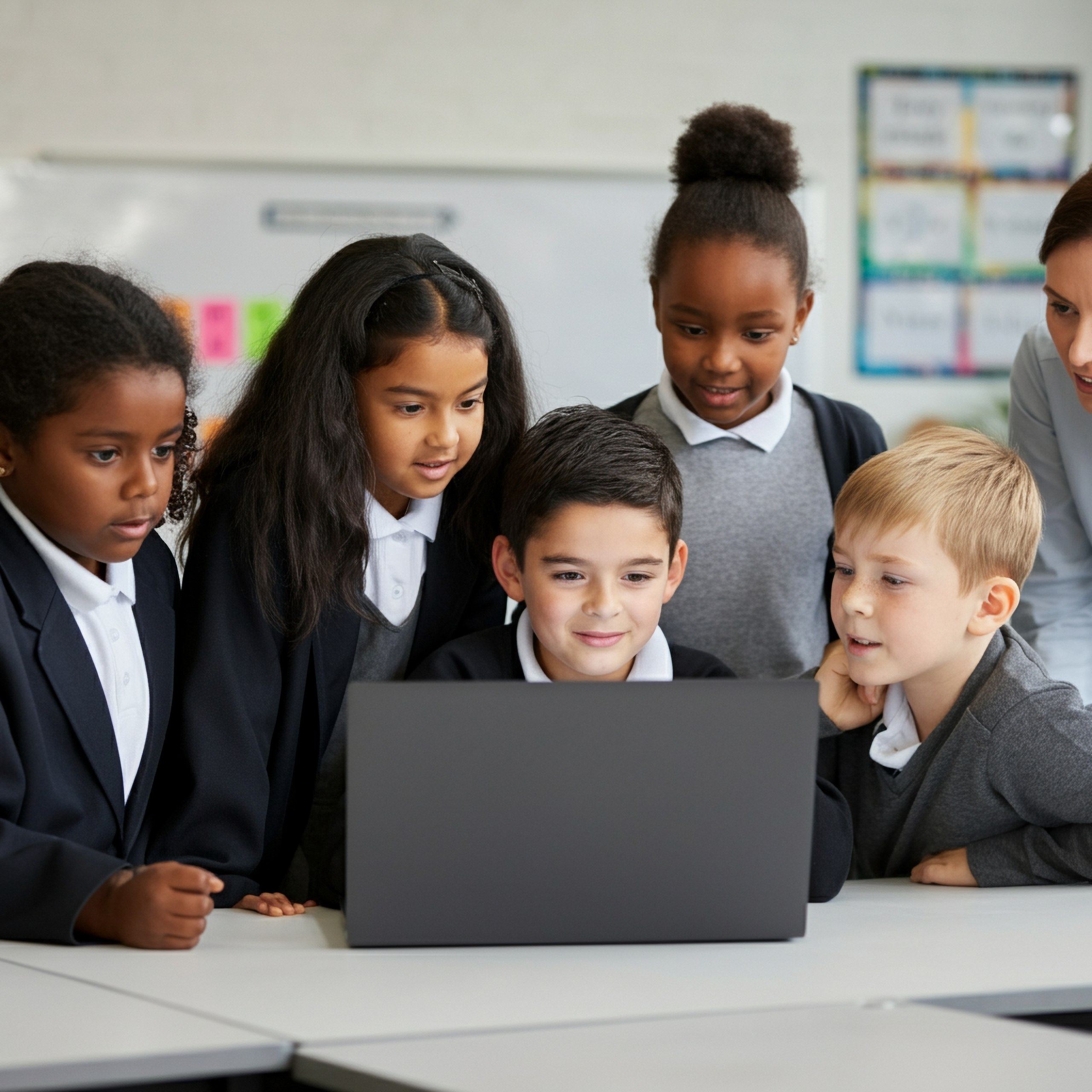 Primary school students in uniforms gathered around a laptop, engaged in collaborative maths learning
