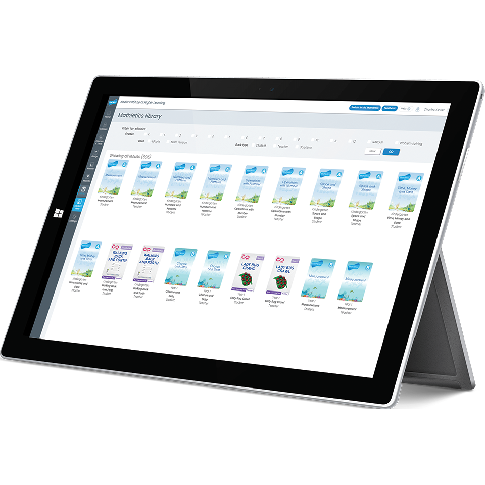 Mathletics Teacher Console eBook Library on Microsoft Surface Tablet Device